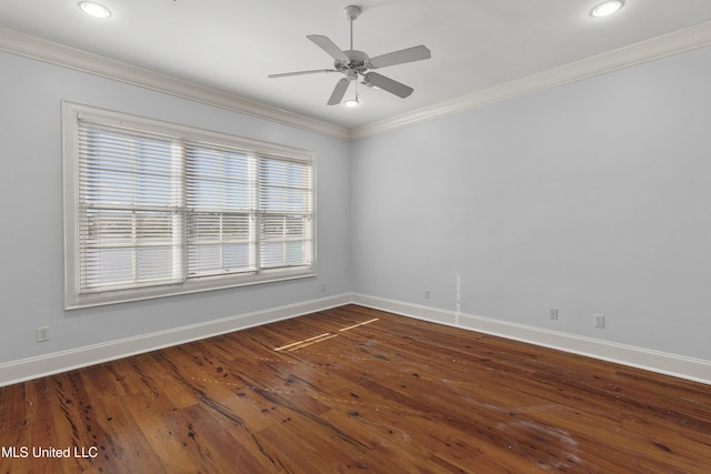 empty room with hardwood / wood-style floors, ceiling fan, and ornamental molding