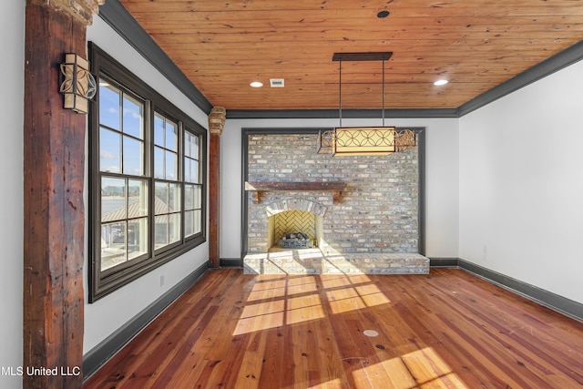 unfurnished living room with wood ceiling and dark wood-type flooring