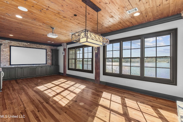 interior space with dark hardwood / wood-style flooring, a water view, wood ceiling, and plenty of natural light