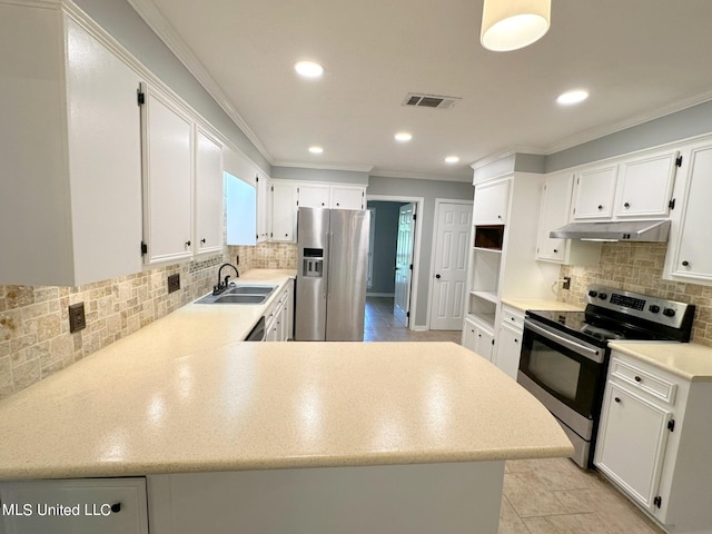 kitchen with appliances with stainless steel finishes, white cabinetry, sink, and ornamental molding