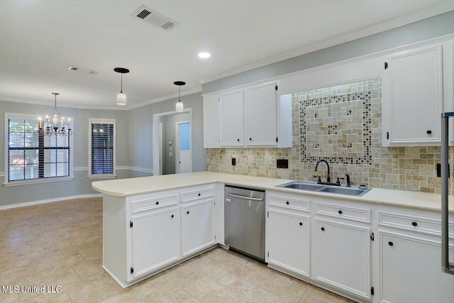 kitchen featuring sink, dishwasher, kitchen peninsula, pendant lighting, and white cabinets