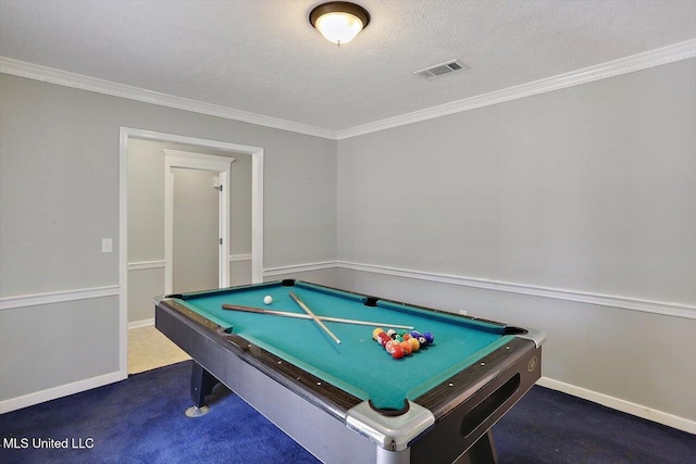 rec room with pool table, crown molding, dark colored carpet, and a textured ceiling