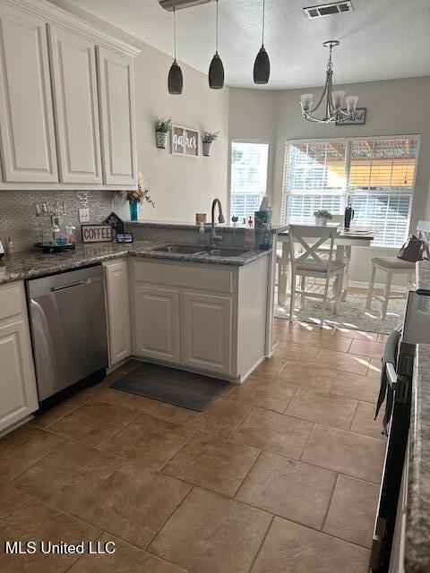 kitchen with dishwasher, white cabinets, an inviting chandelier, and sink