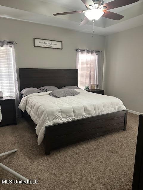 bedroom featuring a tray ceiling, multiple windows, ceiling fan, and carpet