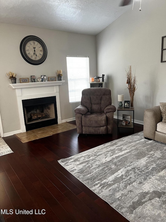 living room with a textured ceiling, dark hardwood / wood-style flooring, and ceiling fan