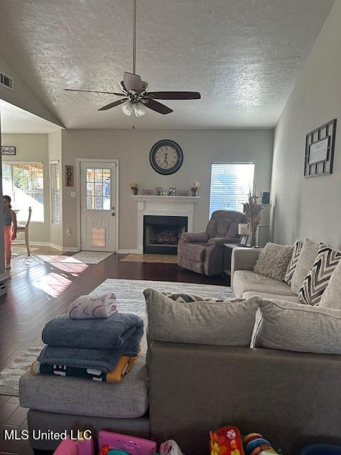 living room with hardwood / wood-style floors, ceiling fan, lofted ceiling, and a textured ceiling