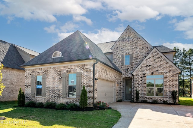 french country home featuring a garage and a front lawn