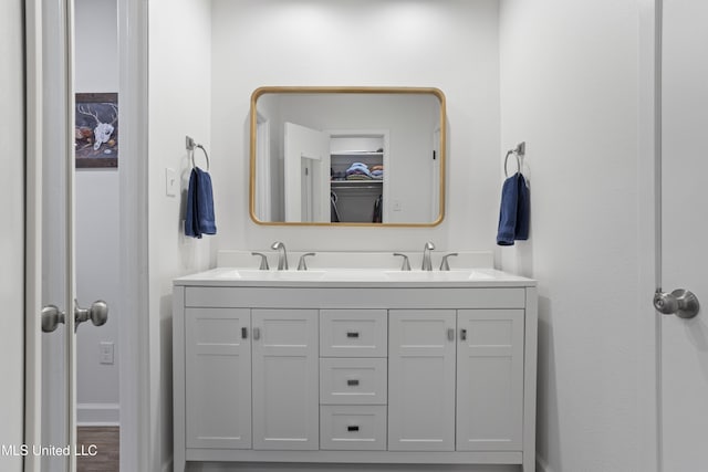 bathroom with double vanity, a walk in closet, and a sink