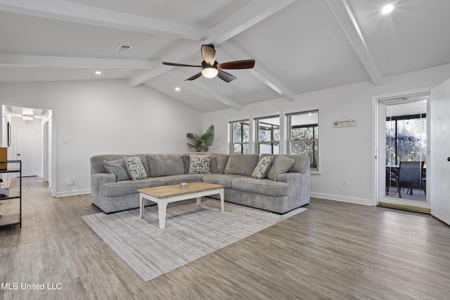 living room with visible vents, lofted ceiling with beams, baseboards, and wood finished floors