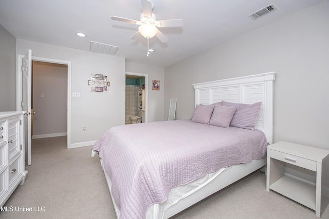 bedroom with light colored carpet and ceiling fan