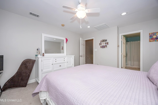 carpeted bedroom with ceiling fan