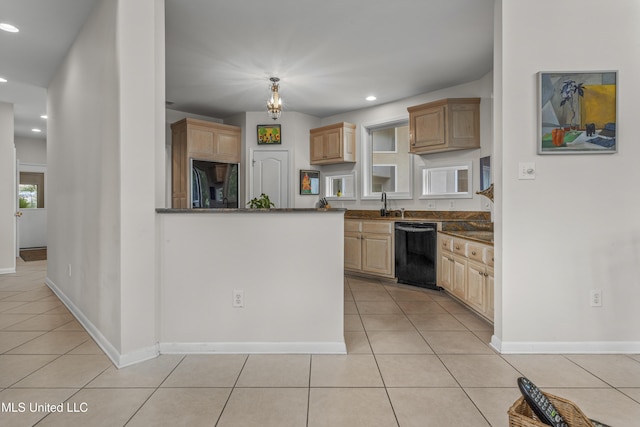 7395 Live Oak Way, Pass Christian, MS 39571 - kitchen featuring dishwasher, light tile patterned flooring, dark countertops, recessed lighting, and light brown cabinets