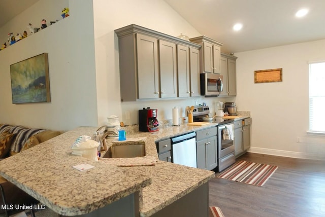 kitchen featuring dark wood-style floors, light stone counters, a peninsula, stainless steel appliances, and a sink