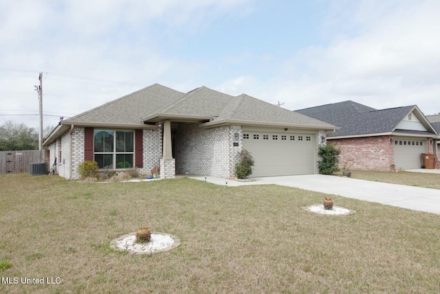 view of front facade with a garage, driveway, central AC unit, and roof with shingles