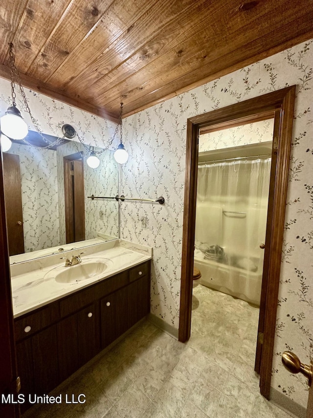 577 W Lakeshore Dr, Carriere, MS 39426 - bathroom featuring wooden ceiling, vanity, wallpapered walls, toilet, and tile patterned floors