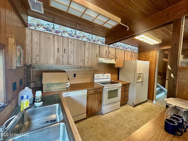 577 W Lakeshore Dr, Carriere, MS 39426 - kitchen featuring white appliances, under cabinet range hood, wooden walls, a sink, and wooden ceiling with exposed beams