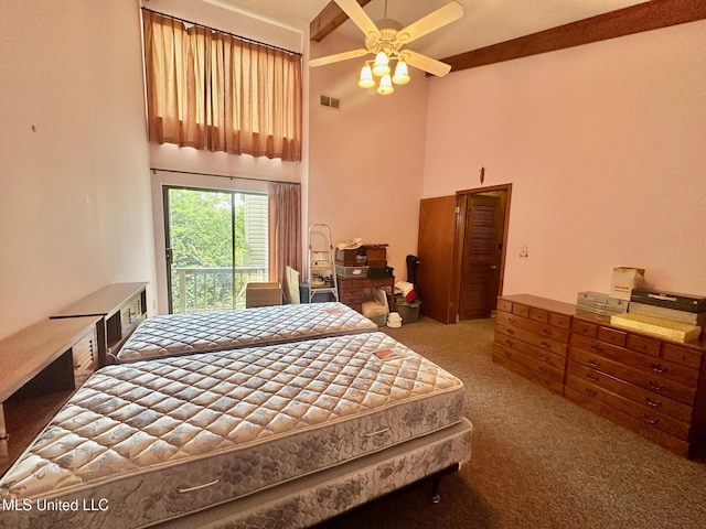 577 W Lakeshore Dr, Carriere, MS 39426 - bedroom featuring a high ceiling, carpet flooring, access to exterior, and a ceiling fan