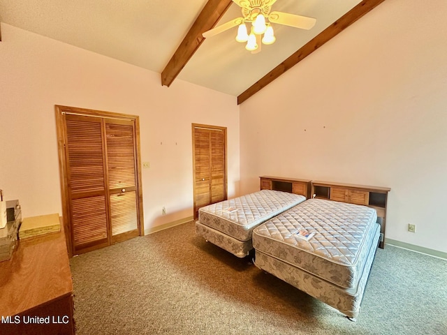 577 W Lakeshore Dr, Carriere, MS 39426 - bedroom with carpet flooring, beam ceiling, two closets, ceiling fan, and high vaulted ceiling