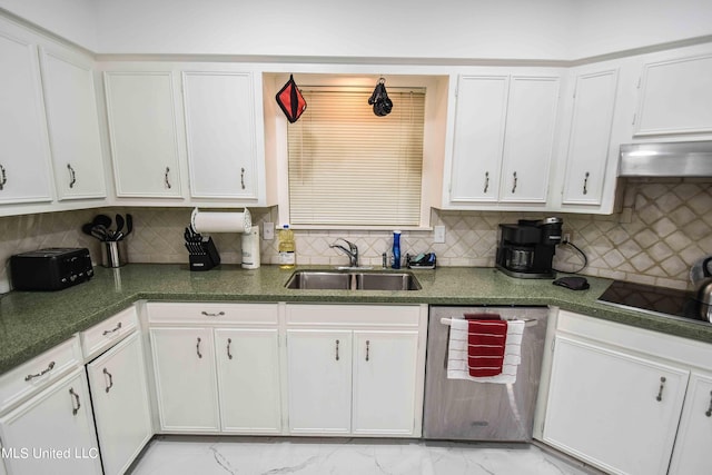 kitchen featuring white cabinetry, backsplash, black electric stovetop, and sink