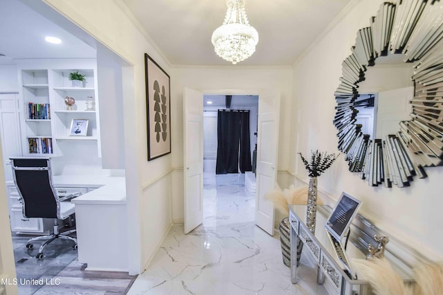 corridor featuring ornamental molding and an inviting chandelier