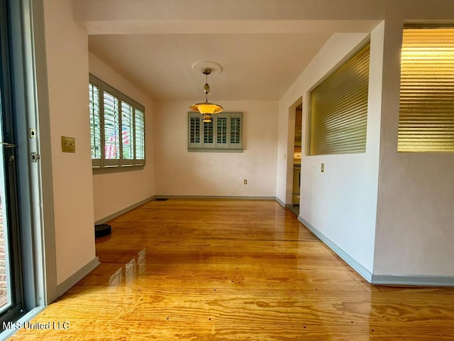 unfurnished dining area featuring baseboards and wood finished floors