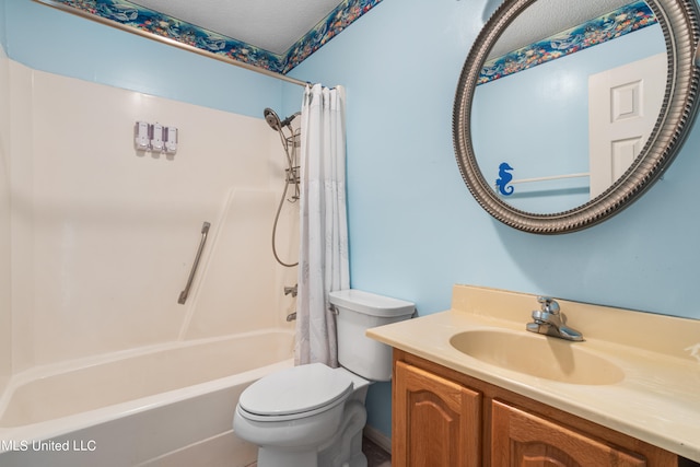 full bathroom featuring vanity, toilet, a textured ceiling, and shower / bath combo