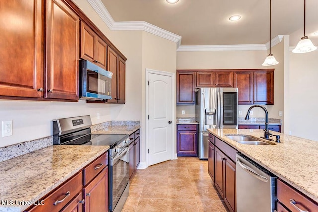 kitchen featuring sink, crown molding, hanging light fixtures, stainless steel appliances, and light stone counters