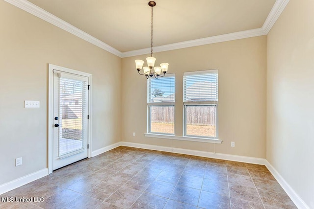 interior space with ornamental molding and an inviting chandelier