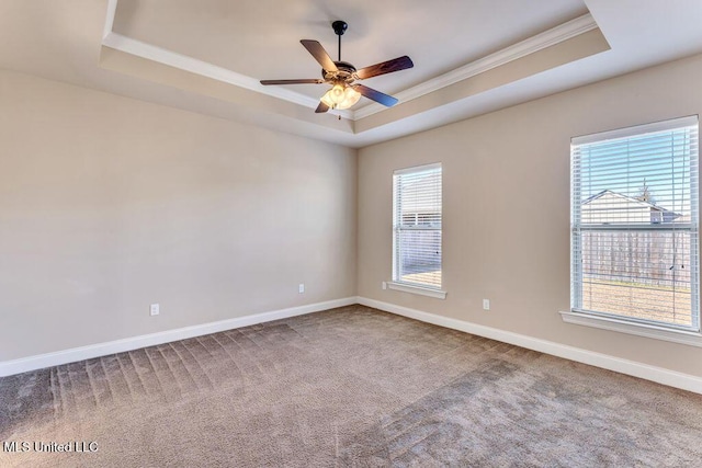 carpeted spare room featuring ceiling fan, crown molding, and a tray ceiling