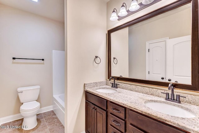 full bathroom with toilet, tile patterned flooring, shower / bath combination, and vanity