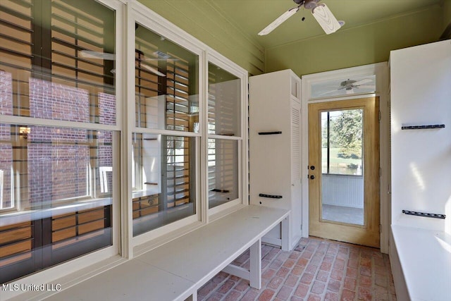 mudroom featuring ceiling fan