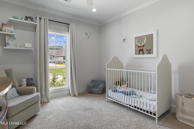 168 Shore View Dr, Madison, MS 39110 - bedroom with a crib, carpet flooring, multiple windows, ornamental molding, and recessed lighting