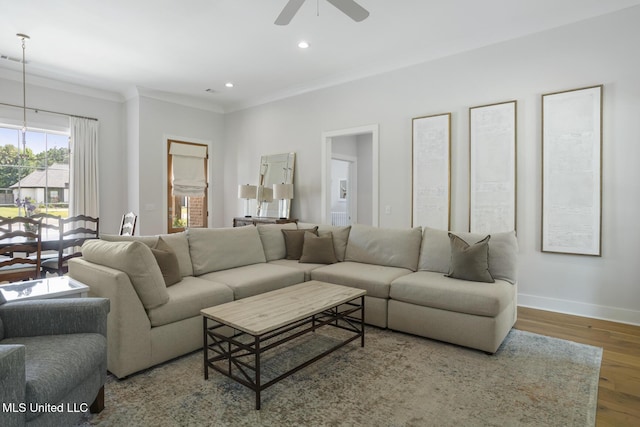 168 Shore View Dr, Madison, MS 39110 - living room featuring ornamental molding, ceiling fan, wood finished floors, and recessed lighting