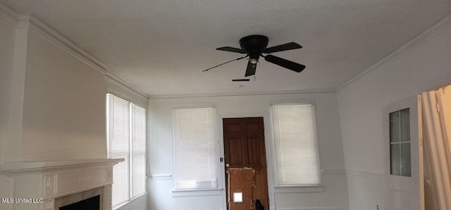 1900 Alta Woods Blvd, Jackson, MS 39204 - interior space featuring ceiling fan, ornamental molding, a tiled fireplace, and visible vents