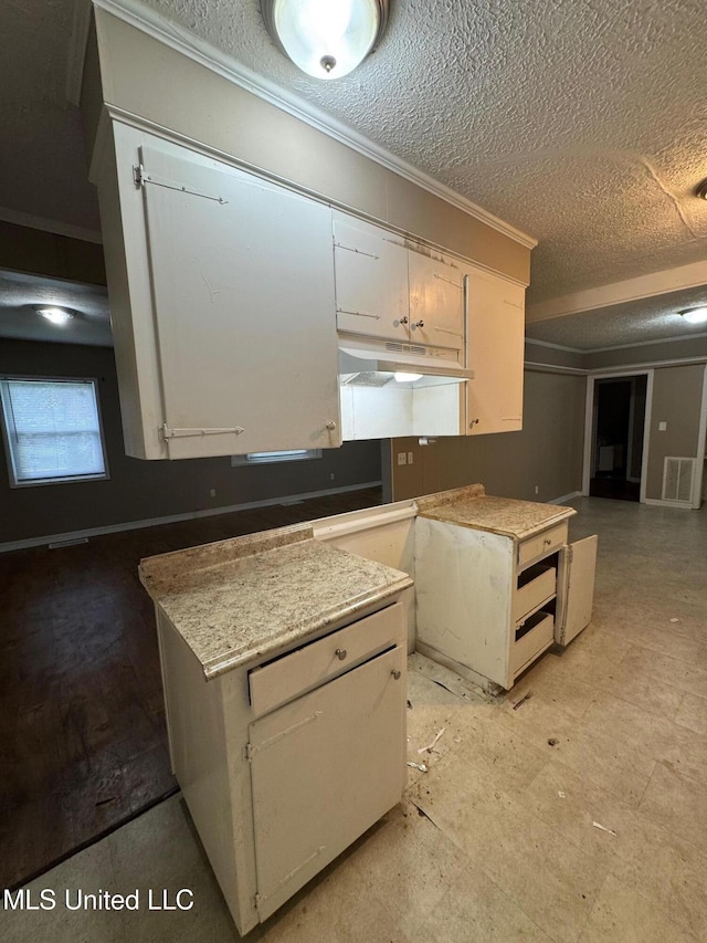 3115 Shirley Dr, Jackson, MS 39212 - kitchen featuring crown molding, under cabinet range hood, white cabinets, and a textured ceiling