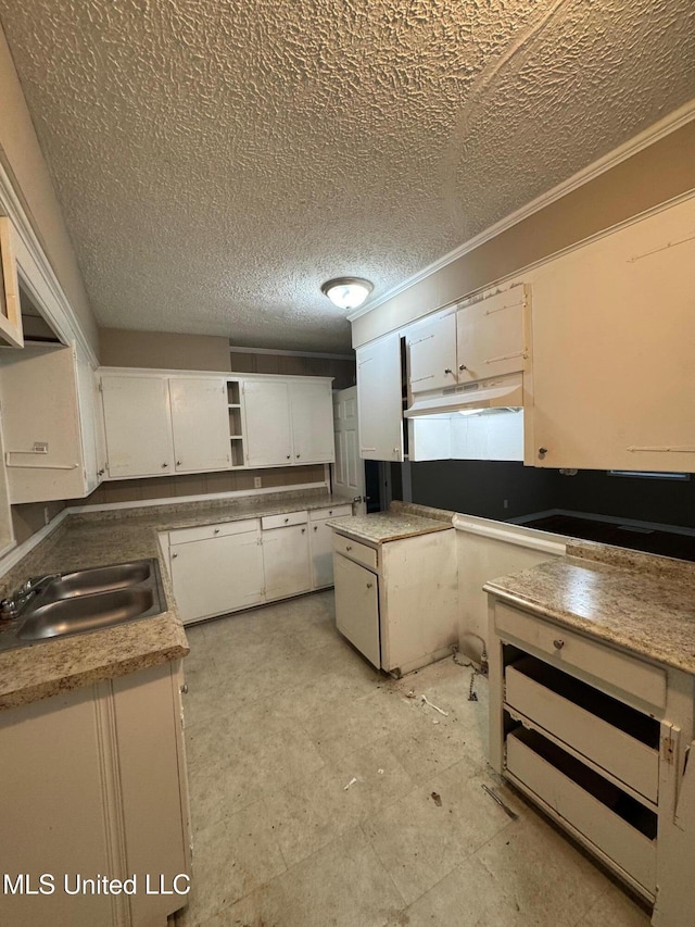 3115 Shirley Dr, Jackson, MS 39212 - kitchen with a textured ceiling, white cabinets, ornamental molding, open shelves, and under cabinet range hood