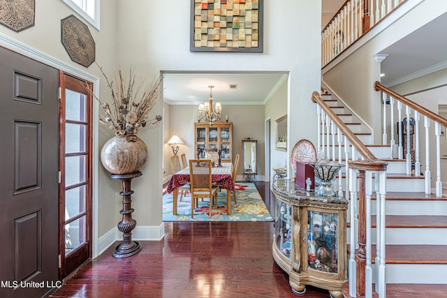 1000 Cedar Hill Rd, Madison, MS 39110 - entrance foyer with stairs, ornamental molding, wood finished floors, a chandelier, and baseboards