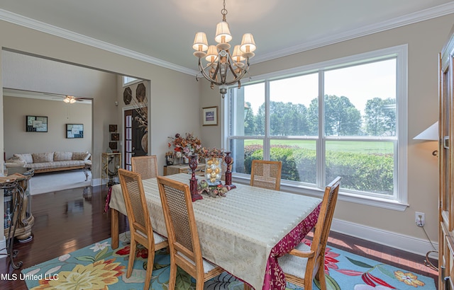 1000 Cedar Hill Rd, Madison, MS 39110 - dining room featuring a chandelier, crown molding, wood finished floors, baseboards, and ceiling fan