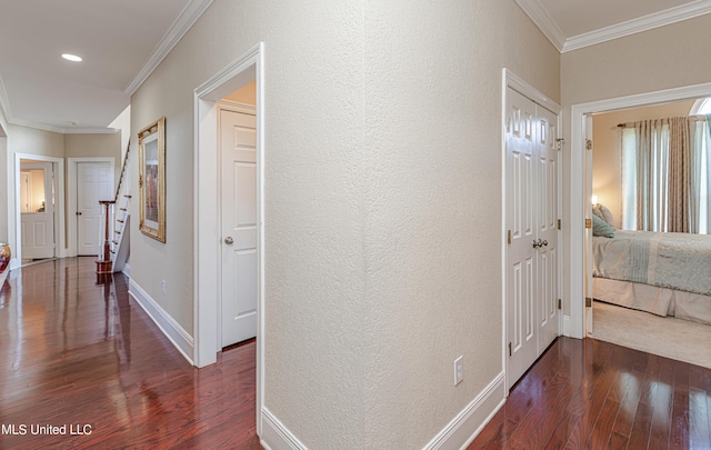 1000 Cedar Hill Rd, Madison, MS 39110 - hallway featuring dark wood finished floors, crown molding, stairway, baseboards, and recessed lighting