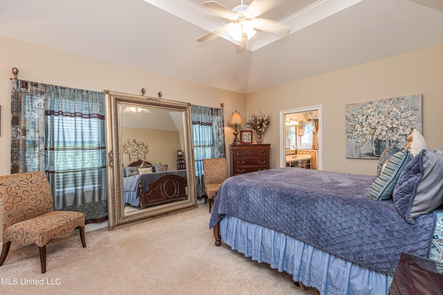 1000 Cedar Hill Rd, Madison, MS 39110 - bedroom featuring light colored carpet, lofted ceiling, a ceiling fan, and connected bathroom