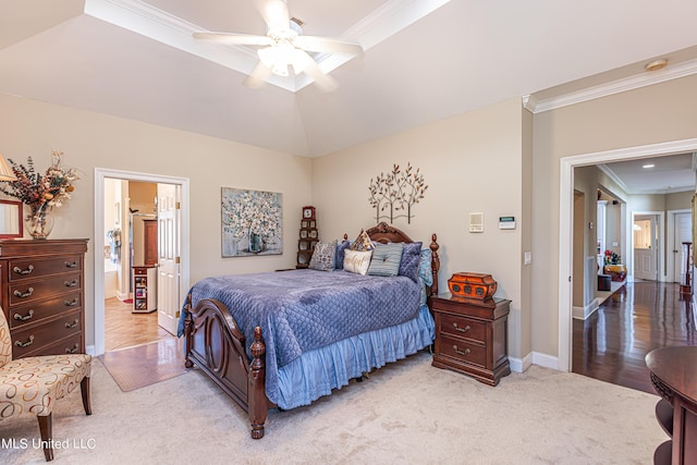 1000 Cedar Hill Rd, Madison, MS 39110 - bedroom featuring ornamental molding, baseboards, light carpet, ceiling fan, and ensuite bath