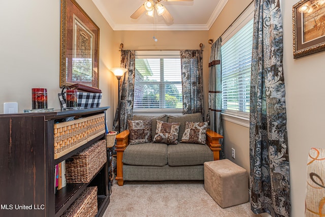 1000 Cedar Hill Rd, Madison, MS 39110 - sitting room featuring carpet floors, a ceiling fan, and crown molding