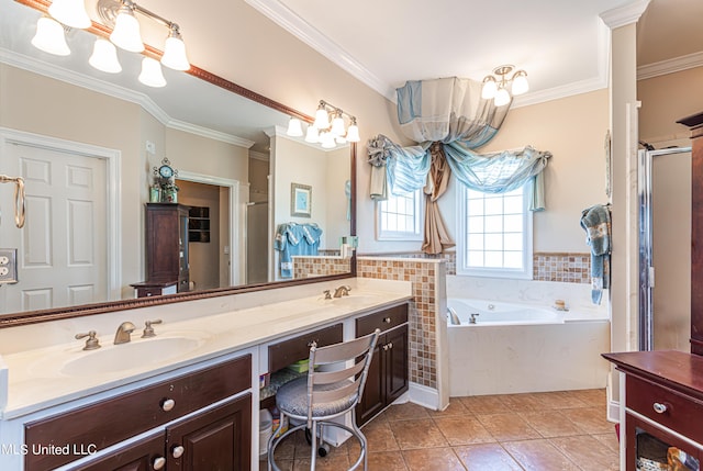 1000 Cedar Hill Rd, Madison, MS 39110 - full bathroom featuring ornamental molding, double vanity, a garden tub, tile patterned floors, and a shower stall