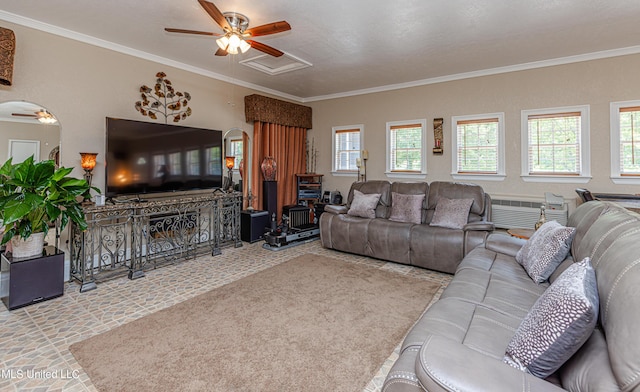 1000 Cedar Hill Rd, Madison, MS 39110 - living area with ceiling fan, ornamental molding, and arched walkways