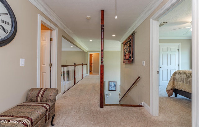 1000 Cedar Hill Rd, Madison, MS 39110 - hall with an upstairs landing, light carpet, ornamental molding, baseboards, and recessed lighting