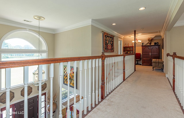 1000 Cedar Hill Rd, Madison, MS 39110 - hallway featuring light carpet, crown molding, recessed lighting, and a chandelier