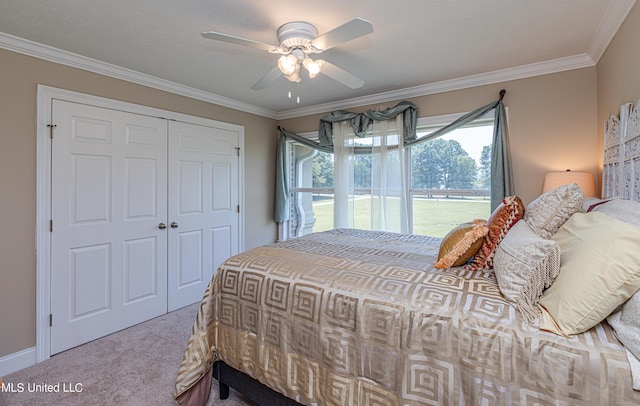 1000 Cedar Hill Rd, Madison, MS 39110 - bedroom featuring carpet flooring, ornamental molding, a closet, and a ceiling fan