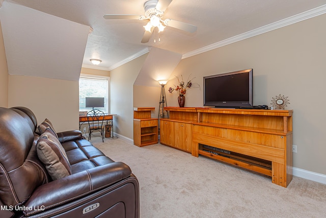 1000 Cedar Hill Rd, Madison, MS 39110 - living room featuring ornamental molding, light carpet, ceiling fan, baseboards, and vaulted ceiling