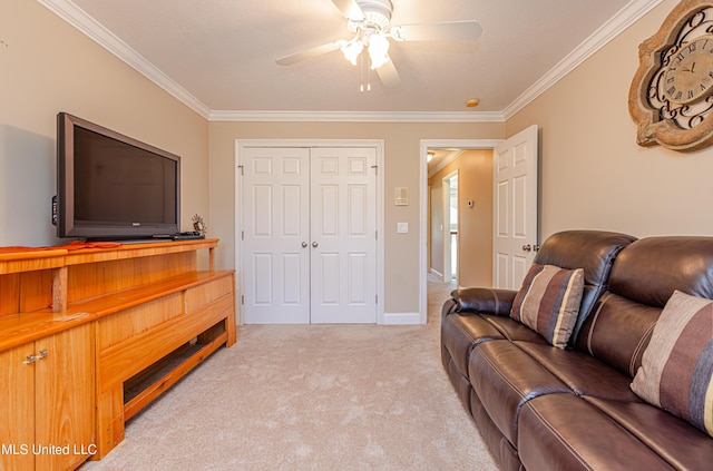 1000 Cedar Hill Rd, Madison, MS 39110 - living room featuring crown molding, ceiling fan, light colored carpet, and baseboards