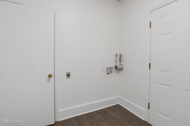 laundry area featuring dark wood finished floors, hookup for a washing machine, electric dryer hookup, and baseboards